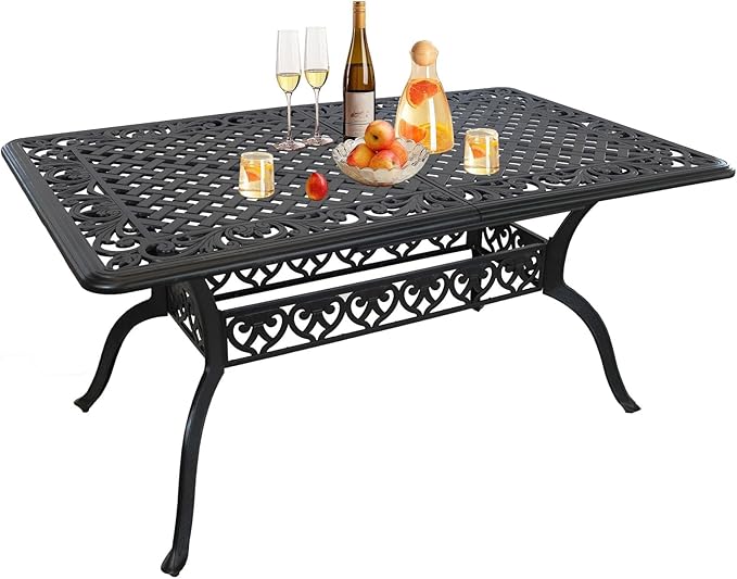 Patio Dining Table, Rectangular Outdoor Dining Table, 59" x 28.7" Rectangle Cast Aluminum Patio Table with Umbrella Hole for Backyards, Porch, Garden or Poolside