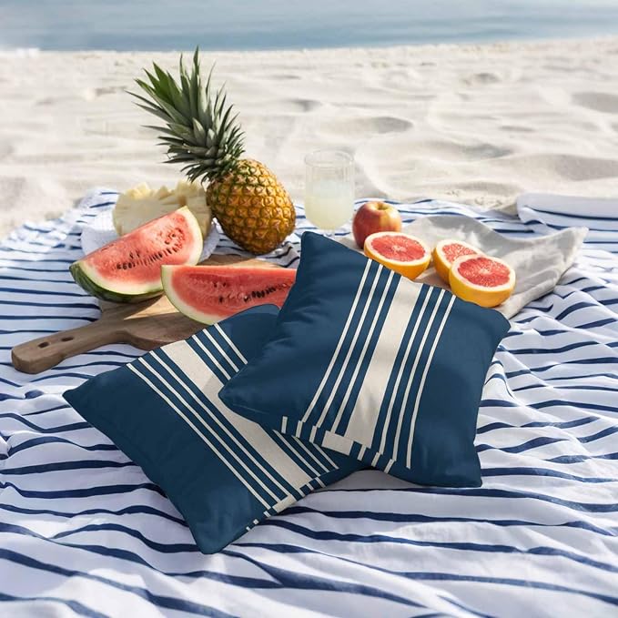 Navy Blue Beige Striped Outdoor Pillow Covers 26x26 Inch Throw Pillow Covers Set of 2 Waterproof Decorative Pillow Cases Modern Farmhouse Retro Lines Cushion Covers for Patio Furniture Garden Couch