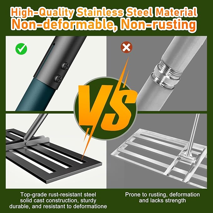 Lawn Leveling Rake, 30 x 10 in Stainless Steel Levelawn Tool with 78 in Adjustable Handle, Heavy Duty Yard Leveler for Soil, Sand, Compost, Backyard, Garden and Golf Course (Green)