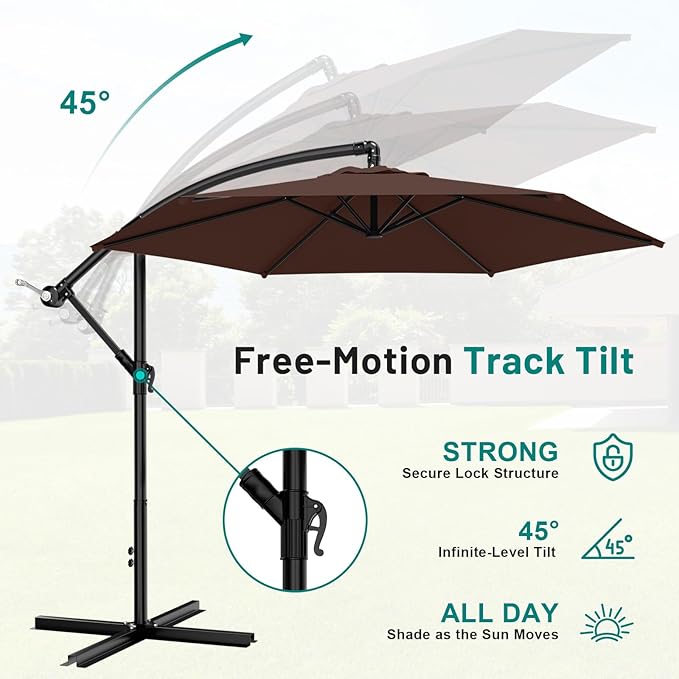 AreShark 10FT Patio Outdoor Umbrella, Offset Patio Umbrella Cantilever Umbrella, 6 Sturdy Ribs, Easy Adjustment for Garden Market Pool with Cross Base (Brown)