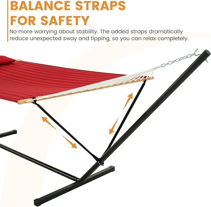 Lazy Daze Hammocks 2 Person Hammock with 12FT Stand for Outside, Quilted Double Hammock with Detachable Pillow, Balance Strap & Carrying Bag Included, 450lbs Capacity, Tool-Free Assembly, Burgundy