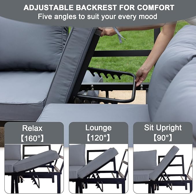 5-Person Outdoor Patio Furniture Set, Durable Metal Frame Outdoor Sectional with Wood-Look Table & Waterproof Cushions, All-Weather Conversation Set for Garden, Balcony, Poolside-Grey