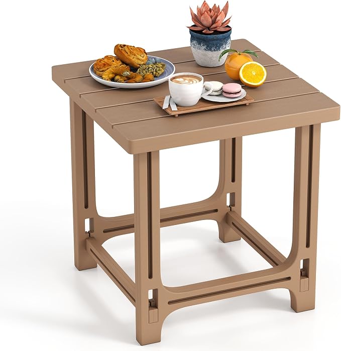 Tangkula Outdoor Adirondack Side Table, 18" Heavy Duty HDPE Patio End Table with Slatted Surface, 0-Screw Assembly, Easy Maintenance, Small Outdoor Side Table for Porch, Pool, Garden, Deck (1, Brown)