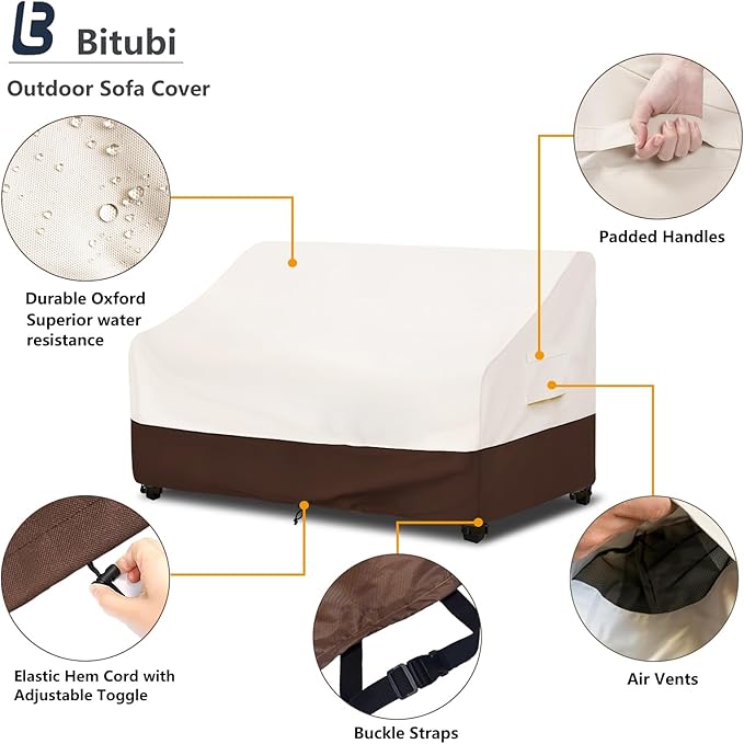 Bitubi Waterproof Patio Sofa Cover, Heavy Duty 3-Seater Outdoor Couch Cover Size Up to 76W x 32.5D x 33H Inches, Lawn Patio Furniture Covers with Air Vent (Brown)