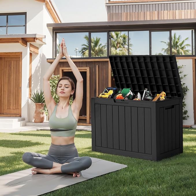 DRATO 45 Gallon Deck Box, Outdoor Storage Box for Patio Furniture, Patio Cushions, Gardening Tools, Pool Supplies 480lbs Weight Capacity, Waterproof Resin Storage Boxes (Black, 45 Gallon)