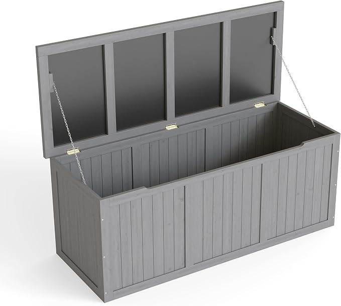 112 Gallon Outdoor Wooden Deck Box Solid Wood Storage Box Seat Table Top for Patio Furniture Cushions, Pool Toys Garden Tools