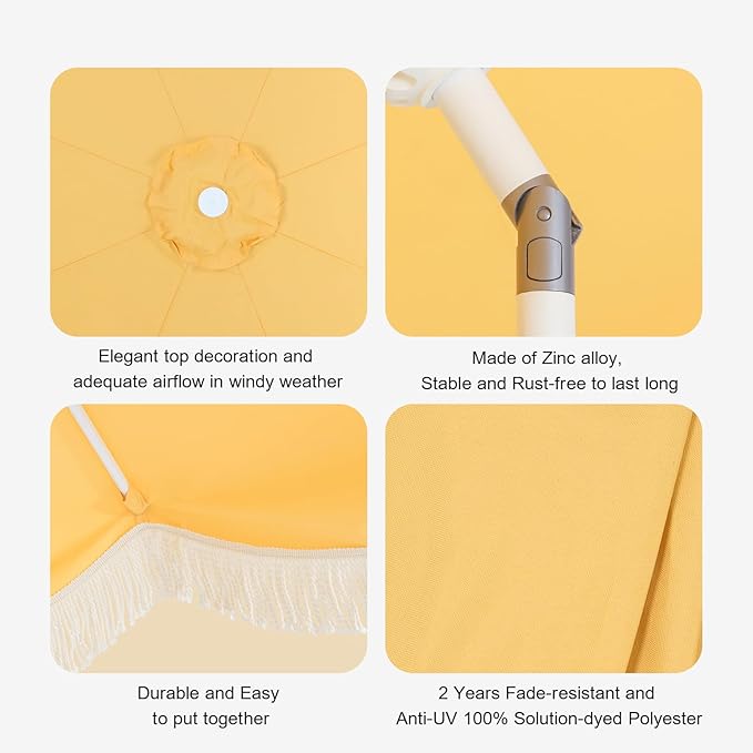 Tempera 9ft Yellow Scalloped Patio Umbrella with Fringe,UV Protection Fade Resistant Canopy, 8 Sturdy Ribs, Outdoor Table Umbrella with Crank Tilt for Lawn, Pool, Deck, Balcony