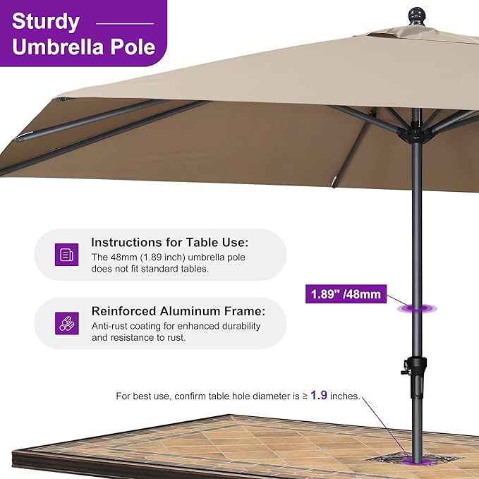 PURPLE LEAF 12' x 9' Patio Market Umbrella Outdoor Table Sun Umbrellas with Crank 8 Aluminum Sturdy Ribs for Pool Deck Backyard Beach Taupe