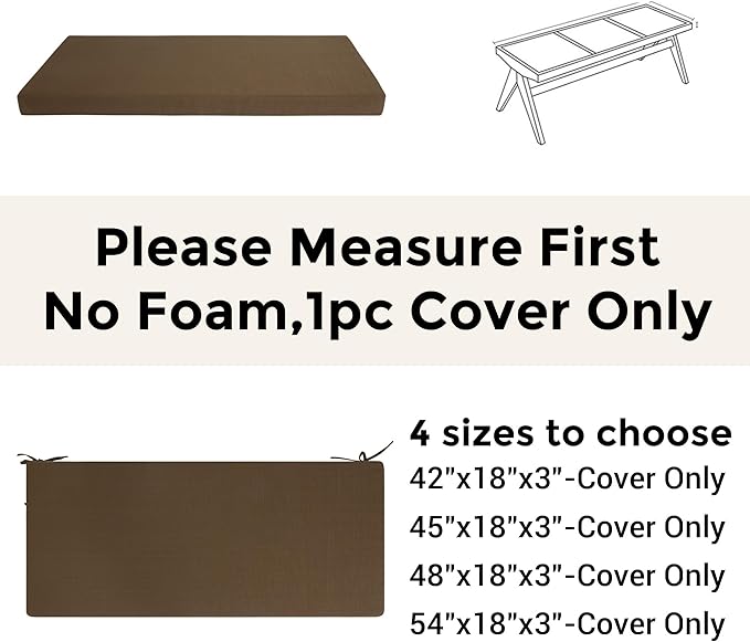 FUNHOME Outdoor Bench Cushion Cover 48 x18 x 3 inch,Water Resistant Cover with Zipper&Ties,Fade-Resistant Slipcover,Patio Porch Swing Cushion Cover Replacement Only,No Insert(Coffee Brown)