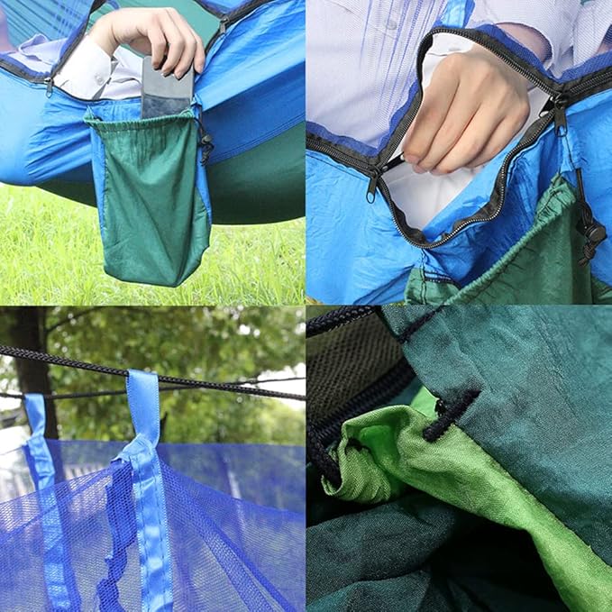 Outdoor Camping Hammock, 210T Nylon Portable Anti Rollover Hammock Single Hammock with Mesh Net (Army Green)