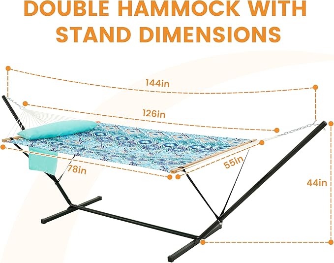 Lazy Daze Hammocks 2 Person Hammock with 12FT Stand for Outside, Quilted Double Hammock with Detachable Pillow, Balance Strap & Carrying Bag Included, 450lbs Capacity, Tool-Free Assembly, Floral Auqa