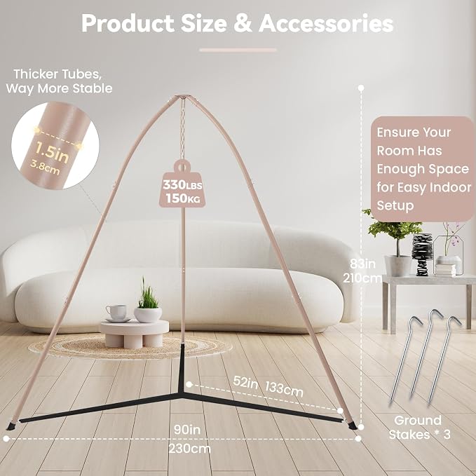 Tripod Hammock Chair Stand for Multi-Use, Heavy-Duty Hammock Chair Stand for Indoor & Outdoor, with Height Adjustable Triangular Design, 330 lbs Capacity, Easy Assembly, Stand Only - Brown