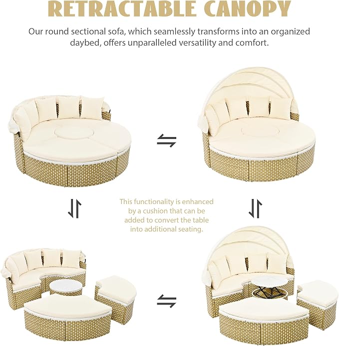 Merax Patio Conversation Set, 5-Piece Outdoor Furniture Round Sectional Sofa Set Rattan Daybed Two-Tone Weave Sunbed with Retractable Canopy, Beige