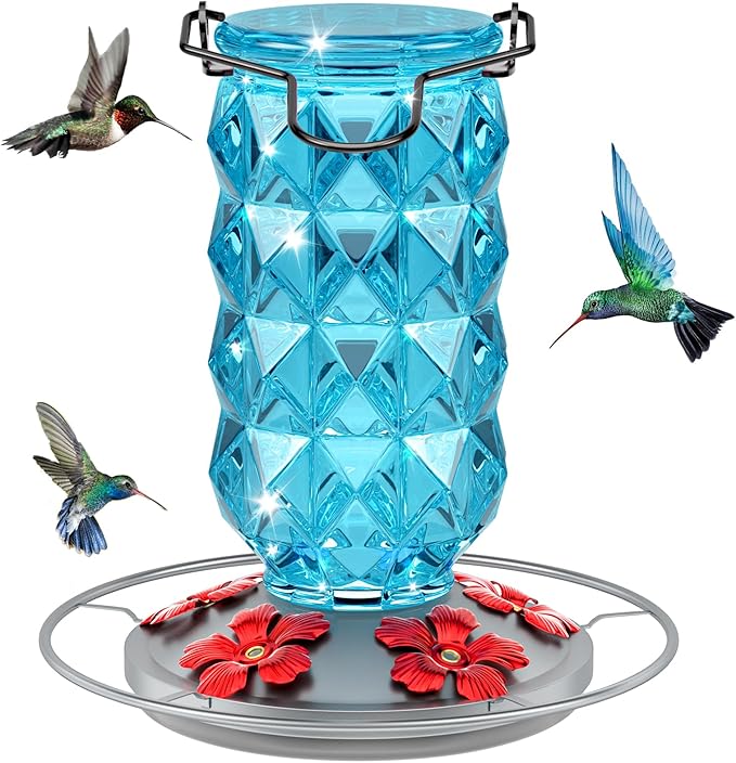 Glass Hummingbird Feeders for Outdoors, 25 Ounces Wild Bird Nectar Feeder with Perch & 5 Flower Feeding Ports Leak Proof Hanging for Garden Backyard Decor, Gifts for Women Mom, Blue