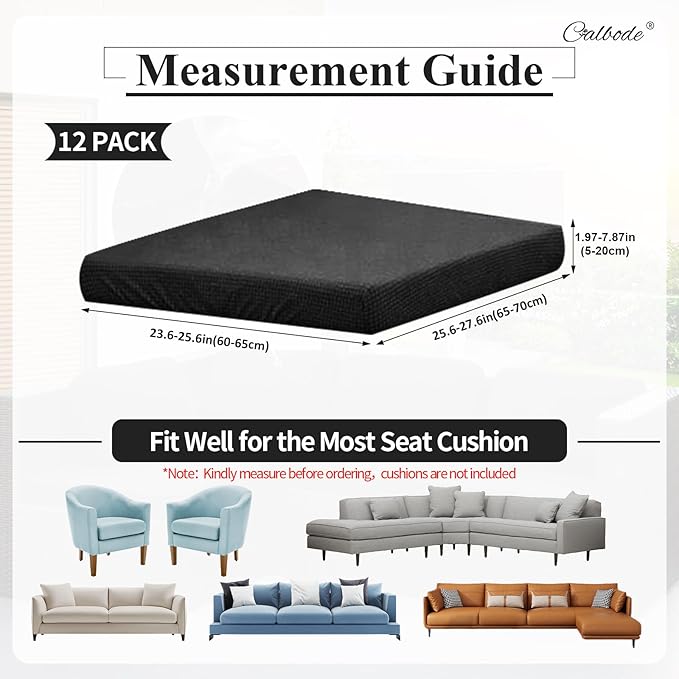 CALBODE 12Pcs Outdoor Stretch Cushion Covers,Waterproof Outdoor Chair Cushion Covers for Patio Furniture, Washable Jacquard Couch Covers Replacement for Patio Furniture(Black, Cover Only)