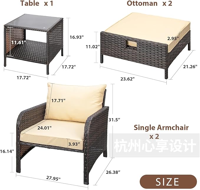 LEVELEVE Balcony Furniture 5 Piece Patio Conversation Set, PE Wicker Rattan Outdoor Lounge Chairs with Soft Cushions 2 Ottoman&Glass Table for Porch, Lawn-Brown Wicker
