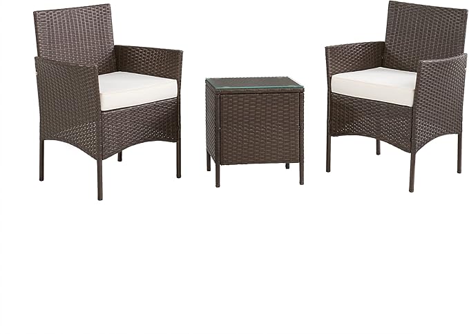 Outdoor Patio Furniture Set – 3-Piece Rattan Seating Combo with 2 Cushioned Chairs and Table for Deck or Front Porch Furniture by Lavish Home (Brown)