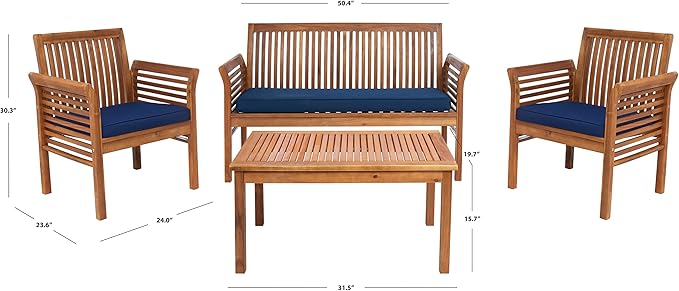 SAFAVIEH Outdoor Collection Carson Natural/ Navy Cushions 4-Piece Conversation Patio Set