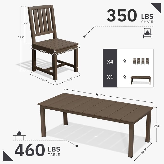 AreShark 5-Piece Outdoor Dining Set,HDPE Patio Table with 4 Armless Chairs,All-Weather Patio Furniture Set with Umbrella Hole,Low Maintenance Wood Grain Dining Set for Backyard,Garden,Poolside,White