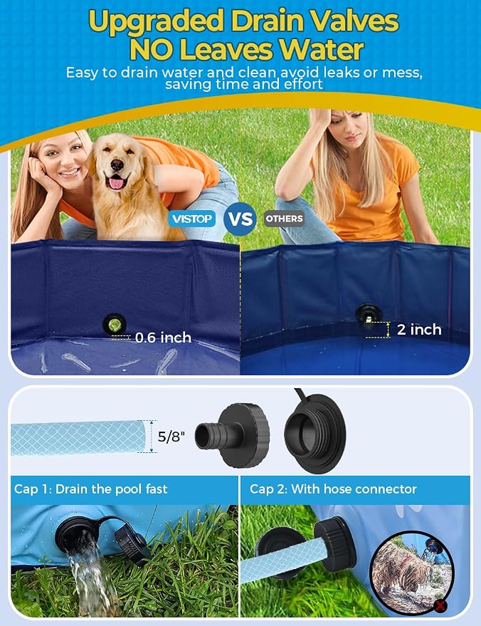 VISTOP Jumbo Foldable Dog Pool, Hard Plastic Shell Portable Swimming Pool for Dogs Cats and Kids Pet Puppy Bathing Tub Collapsible Kiddie Pool (117inch.D x 15.7inch.H, Blue)