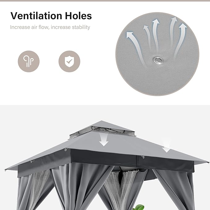 LAUSAINT HOME 8'x8' Outdoor Gazebo, Metal Frame Heavy Duty Patio Canopy Tent Shelter with Double Roofs, Mosquito Nettings and Privacy Screens for Backyard, Garden, Lawn, Steel Gray