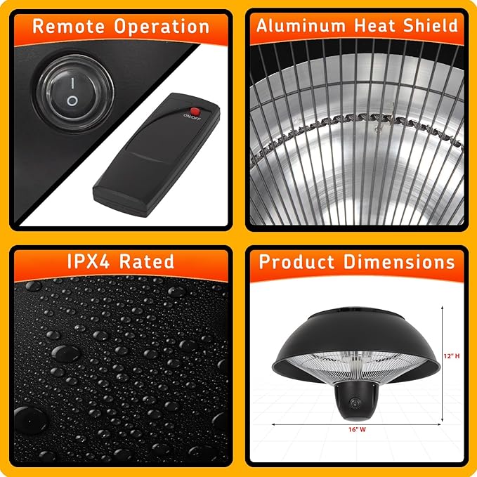 Infrared Hanging Electric Patio Heater W/Remote, Ceiling Mounted, 1500W, Indoor/Outdoor, IPX4 Water-Resistant, 360° Heat, 3-Second Warm-Up