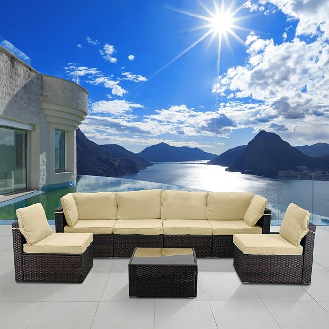 7 Pieces Outdoor Patio Furniture Sets,Rattan Conversation Sectional Set,Manual Weaving Wicker Patio Sofa with Tea Table