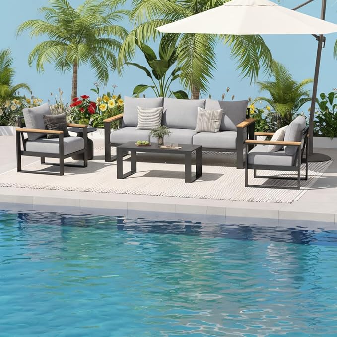 Sundale Outdoor Aluminum Patio Furniture Set, 4 Piece Outdoor Conversation Sets with Coffee Table and 6" Thick Olefin Cushions, All Weather Outdoor Sectional Set for Deck, Lawn, Yard (Grey)