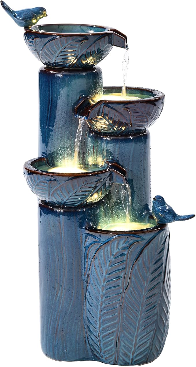 33" H Ceramic Outdoor Water Fountain with LED Lights, 4-Tier Bowl Water Feature with Birds, Teal Blue Glaze, Embossed Leaf Pattern, Cascading Waterfall for Tranquil Garden, Patio, or Porch