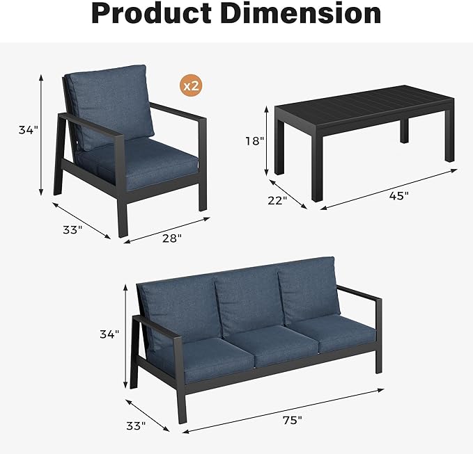 Solaste Aluminum Outdoor Patio Furniture Set, 5 Seats Water-Resistant Patio Conversation Set, Modern Metal Furniture Set with Coffee Table for Backyard Poolside Garden, Blue