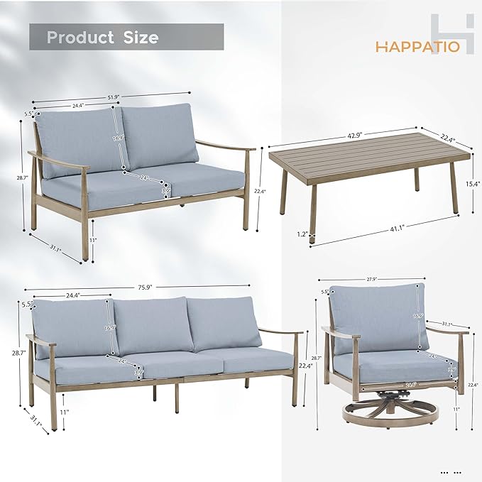 HAPPATIO Outdoor Furniture Set - 5 Piece Aluminum Patio Conversation Set with 1 Coffee Table, 2 Swivel Chairs, Loveseat and 3-Seat Sofa, Aluminum Patio Furniture Set for Backyard Deck Poolside (Brown)
