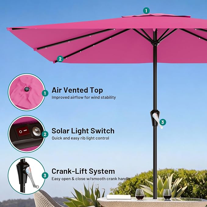 AreShark 8' X 10' Rectangular Patio Umbrella with Solar Lights, Lighted Solar Umbrella with Crank, Outdoor Table Umbrella for Garden, Deck, Backyard, Pool and Beach, Rose Pink