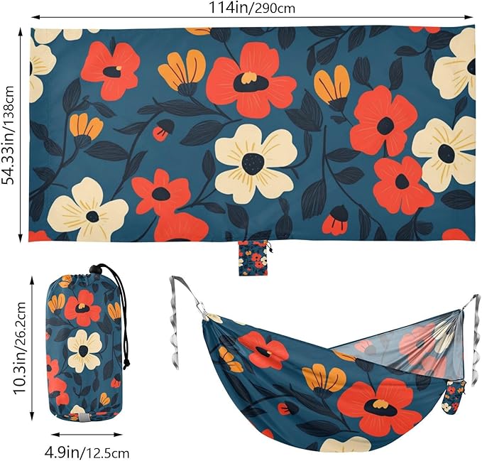 Blue Background Orange Flowers 330lb Capacity Hammocks for Camping with Hanging Rope Portable Hammock for Indoor Outdoor Patio soporte para hamacas para adultos