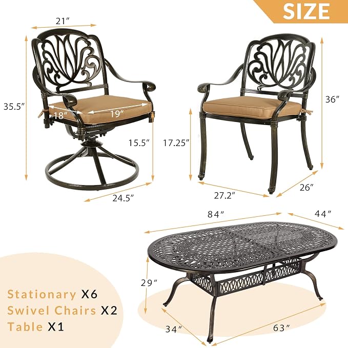 9-Piece Patio Dining Set, Outdoor Patio Table and Chair Set of 84” Oval Cast Aluminum Dining Table with Umbrella Hole, 6 Stationary, 2 Swivel Rocker Chairs, Patio Funiture Set for Backyard