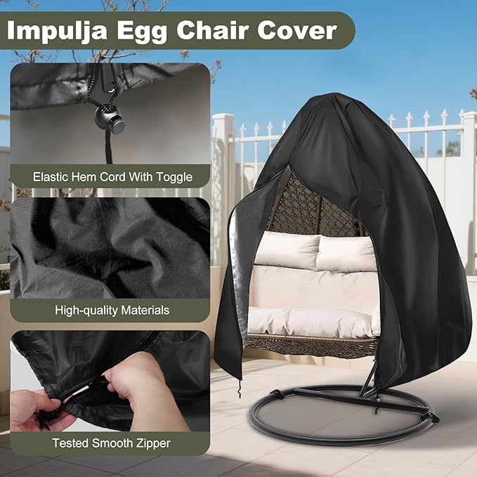 Heavy-Duty Outdoor Egg Chair Cover for Two-Seater - Zippered, UV-Resistant, Windproof, Anti-Oxidation & Anti-Fade Protection for Hanging Wicker Rocker Chairs, 79"x91" (Black)