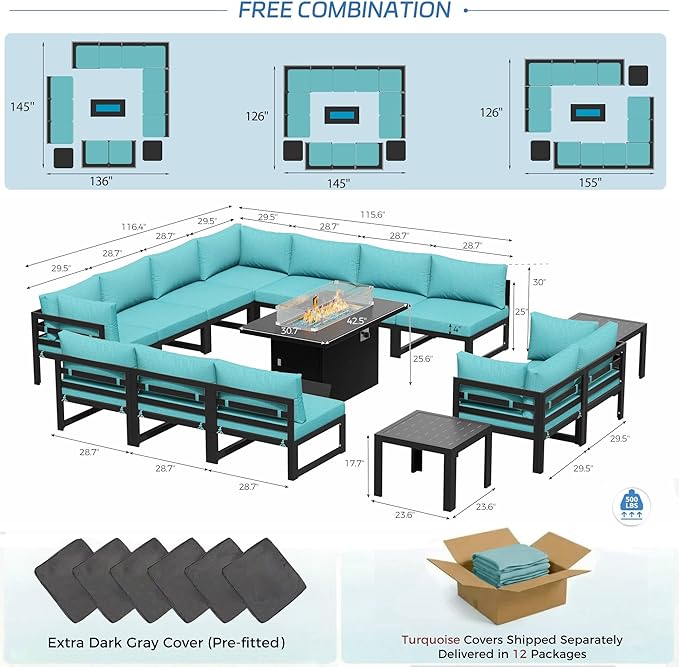 NICESOUL 15 Piece Extra Large Aluminum Patio Furniture Set with Fire Pit Table, Modular Outdoor Conversation Set with Coffee Table, 500 lbs Sturdy Comfy Sectional Sofa for Poolside Exterior, Turquoise