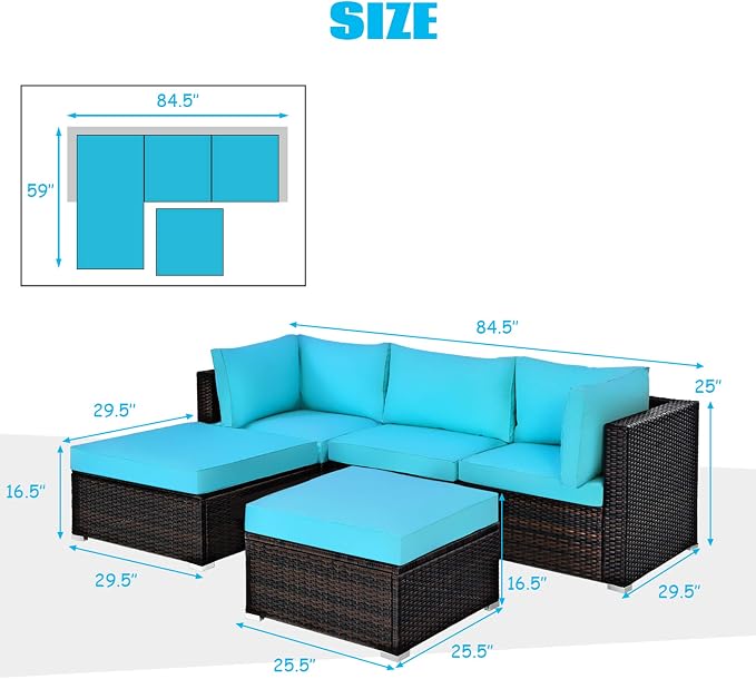 DORTALA 5 Pieces Patio Rattan Furniture Sets, Sectional Sofa Conversation Set w/Steel Frame & Sponge Cushions, Modern Wicker Combination Sofa Set w/Ottoman & Table for Garden Lawn Balcony, Turquoise