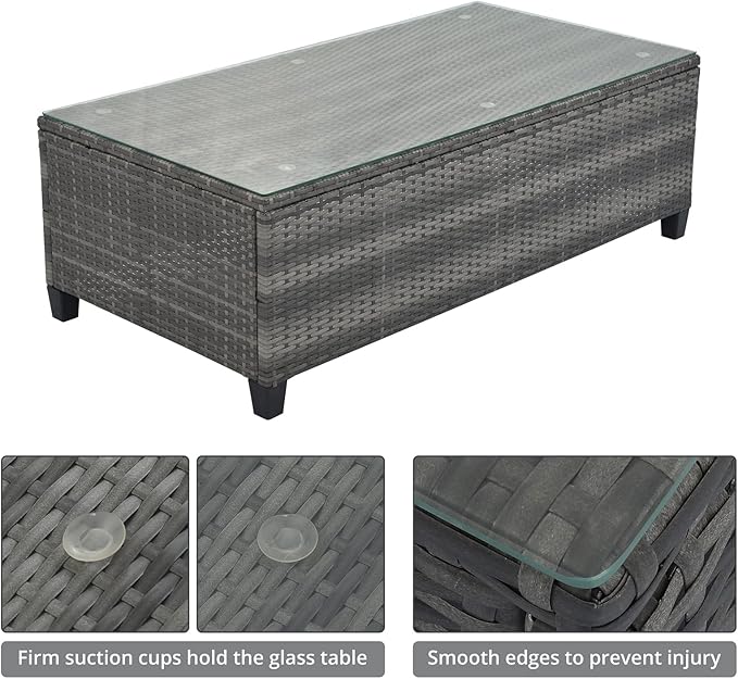 8-Pieces Half Moon Patio Furniture Set, Curved Sofa Set with Rectangular Coffee Table PE Rattan Wicker Patio Conversation Set with Movable Cushion and Pillows for Porch Deck Garden, Beige