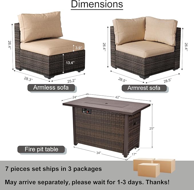 7 Piece Outdoor Patio Furniture Set with 42" Fire Pit, Wicker Furniture Sectional Conversation Sofa Set with Comfortable Cushions, Beige