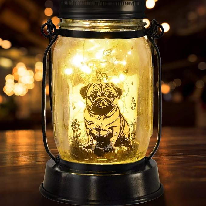 Pug Dog Gifts for Women/Men Pug Dog Solar Lanterns Mom Birthday Gift Pet Loss Lantern Pet Memorial Lights Solar Garden Decoration for Yard, Patio,Backyard,Porch Torches