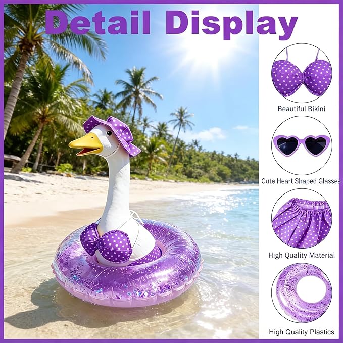 Bikini Porch Goose Outfits,Porch Goose Summer Outfits Swimsuit with Hat Sunglasses & Swim Ring,Fit 23'' Lawn Goose Statue for Summer Outdoor Garden Lawn Yard Decor (Purple)