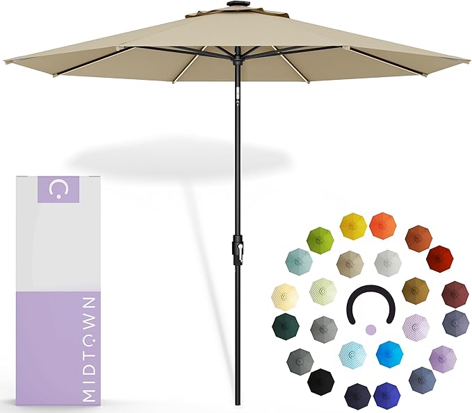 Midtown Umbrellas The LED Swilt 8 Feet Patio Umbrella With Terylast Chestnut (Beige) Polyester Fabric - Auto-Tilt Aluminum Frame With LED Lights For Backyard, Deck, Garden, Pool - Black Pole