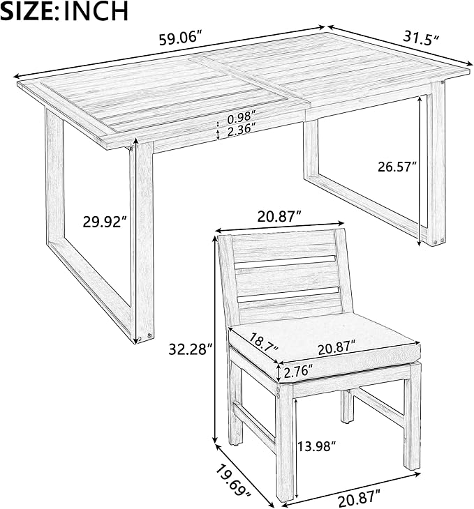 RUNNA Farmhouse 5-Piece Outdoor Patio Dining Set with Adjustable Legs,Acacia Wood Dinning Set for 4,Suitable for Backyard, Garden,or Deck (Brown+Gray)