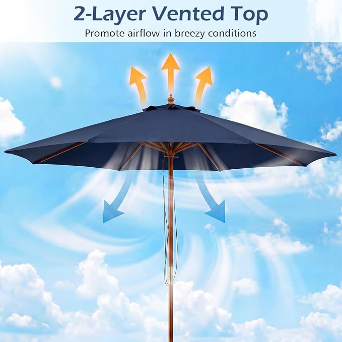 Tangkula 9 FT Patio Umbrella, Outdoor Table Market Umbrella with 8 Wooden Ribs, 3 Adjustable Heights, Rope Pulley System for Garden, Vented Top for Pool Backyard Deck Garden