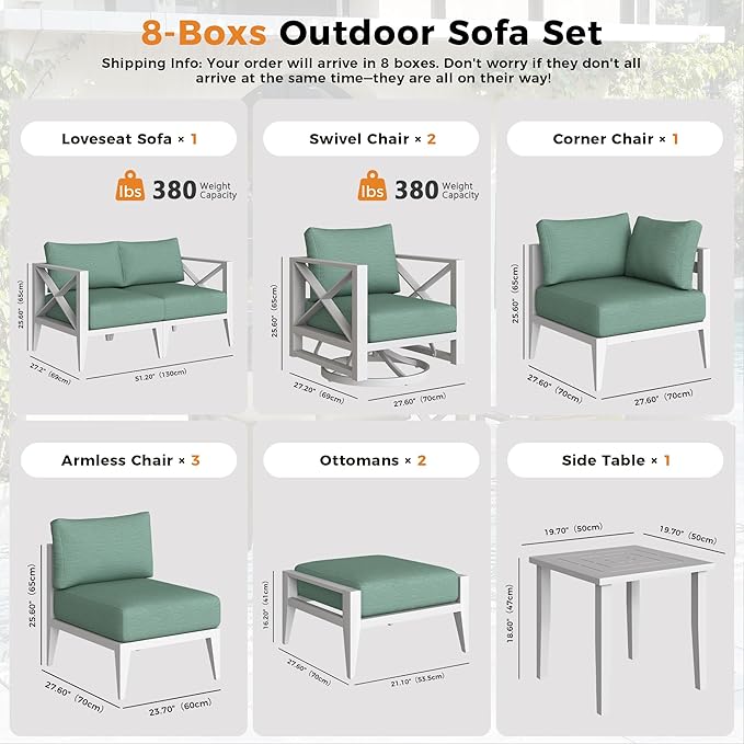 Aluminum Patio Furniture Set,8-Seats Patio Sectional Conversation Sofa with 5.2" All-Weather Cushions and 2 Swivel Rocking Chairs & 2 Ottomans,Outdoor Furniture Set(White)