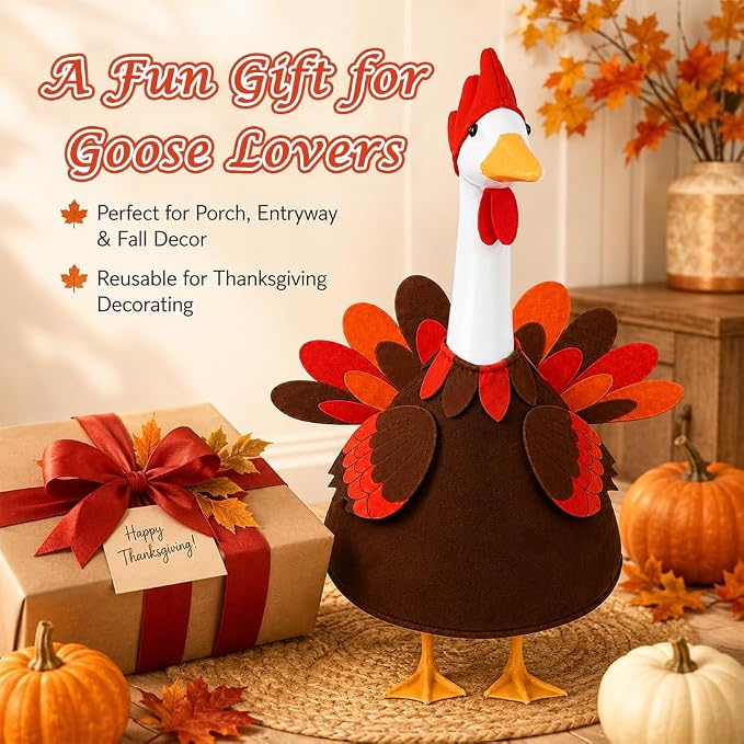 Thanksgiving Turkey Porch Goose Outfit for 23" Porch Goose Fall Autumn Sculpture Clothes for Garden Patio Yard Lawn Art Decoration