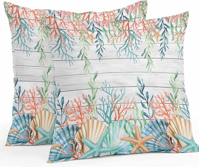 Throw Pillow Covers 26x26 Inch Set of 2, Summer Coastal Waterproof Outdoor Pillow Covers, Nautical Sea Coral Shell Starfish Wood Gray Decorative Cushion Pillowcases for Couch, Sofa, Bed, Garden, Patio