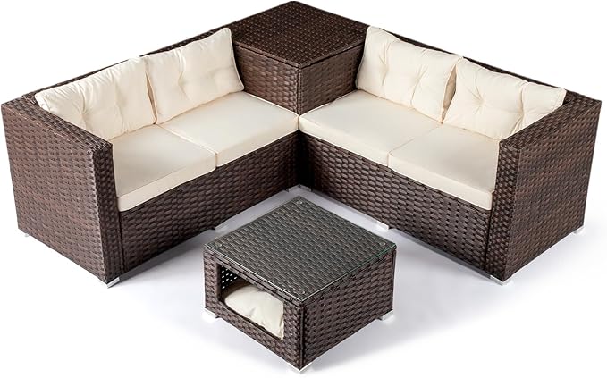 VINGLI 4 Pieces Outdoor Sectional Wicker Patio Furniture Set, Patio Sectional Sofa with Hidden Storage Outdoor Conversation Set, Glass Top Coffee Table for Backyard, Pool, Garden(Brown)