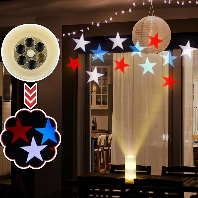 4th of July Flameless Candles Patriotic Projector Lights Red White Blue LED Candle Star Battery Operated Night Light with Remote Timer 250th Anniversary Independence Day Party Indoor Bedroom Decor