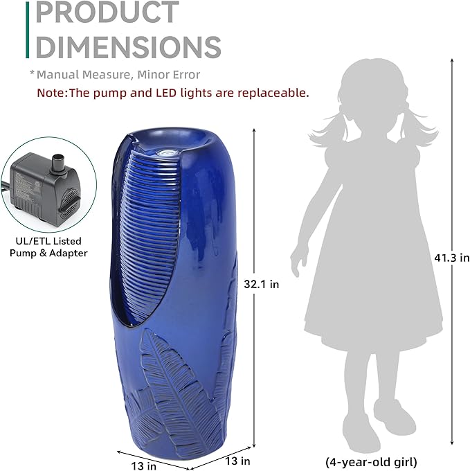 33" H Outdoor Garden Fountain with LED Lights, Modern Ceramic Jar Water Fountain, 3D Tropical Leaf Pattern, Cobalt Blue Glaze, Soothing Cascading Waterfall for Relaxing Patio, Yard, Porch